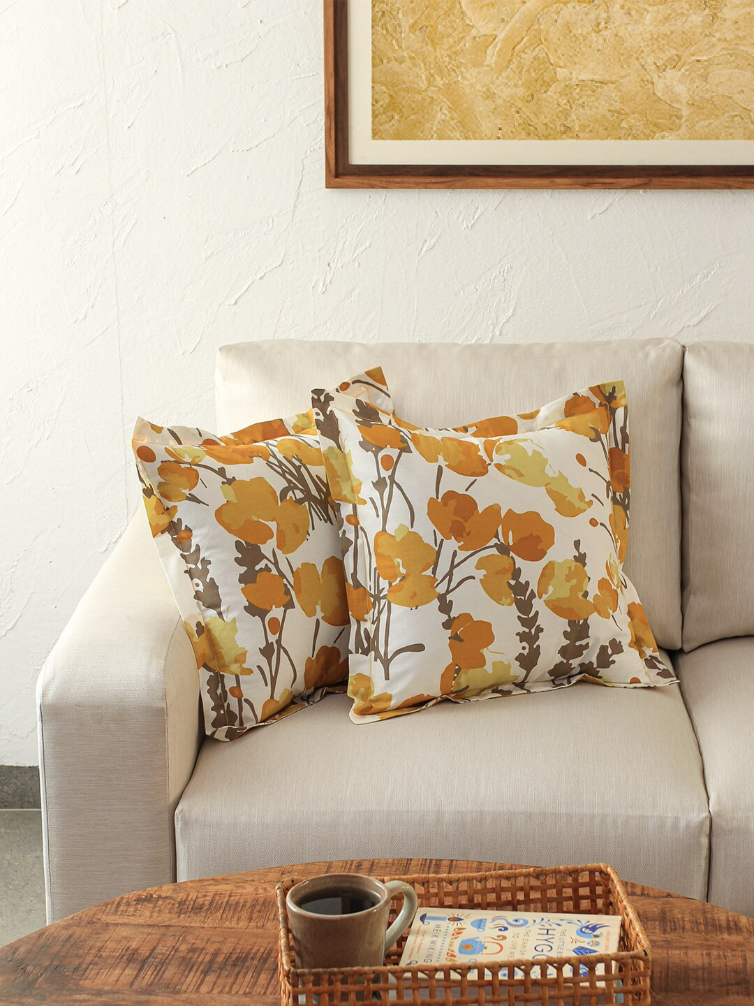 House This White & Yellow Set of 2 Floral Square Cushion Covers