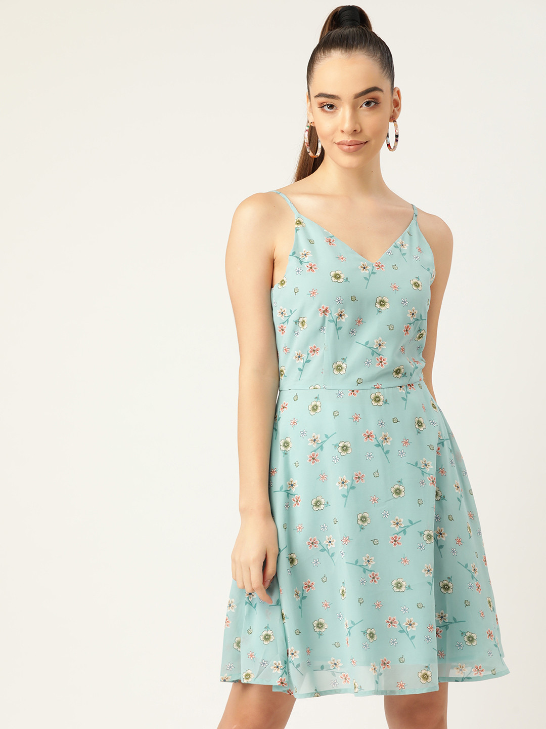 DODO & MOA Blue & Olive Green Floral Printed Crepe A-Line Dress