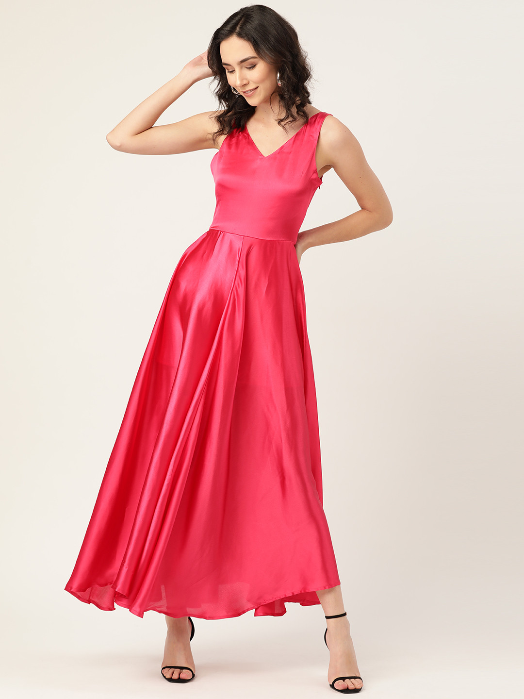 DODO & MOA Pink Solid Satin Finish A-Line Dress