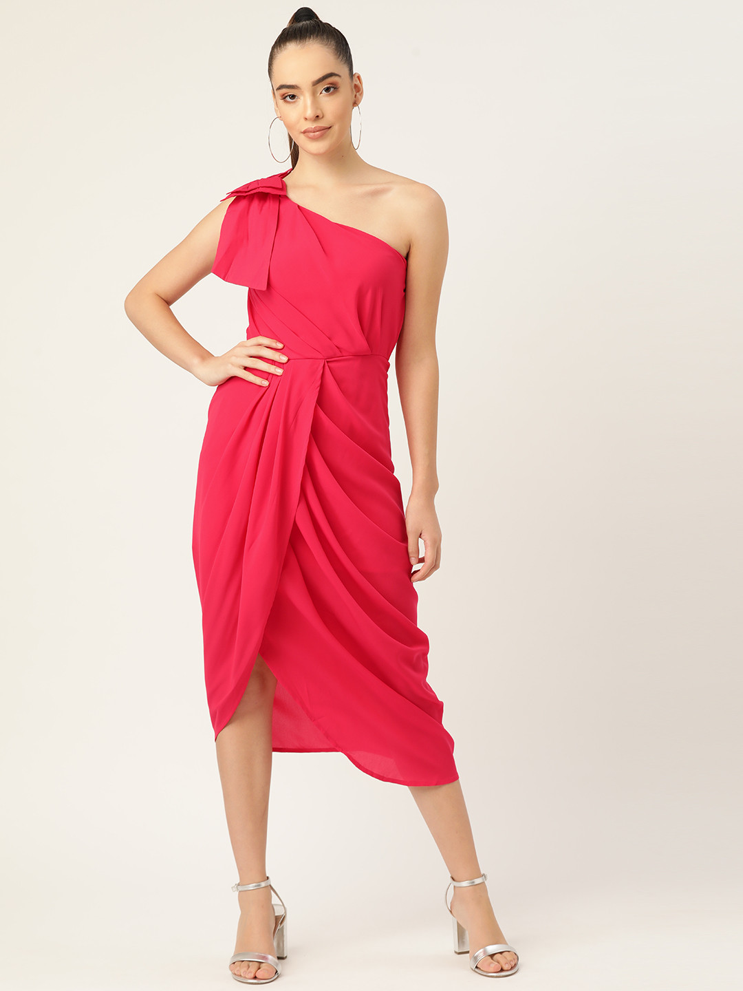 DODO & MOA Women Pink One Shoulder Wrap Midi Dress