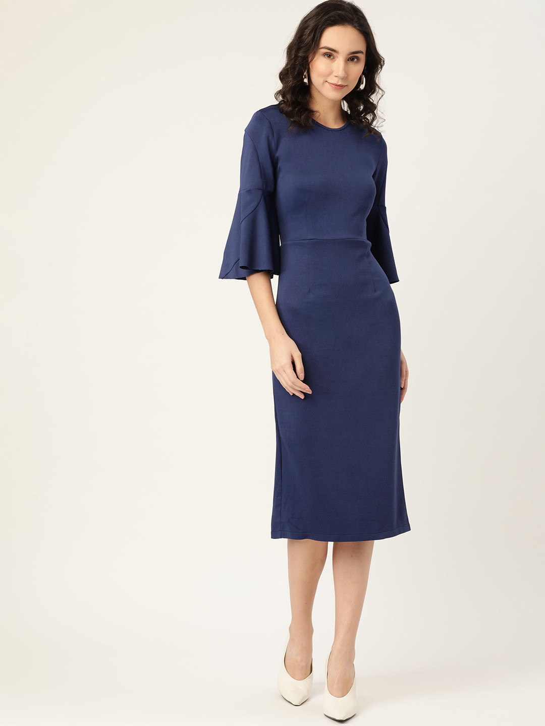 DODO & MOA Navy Blue Solid Scuba Sheath Midi Dress