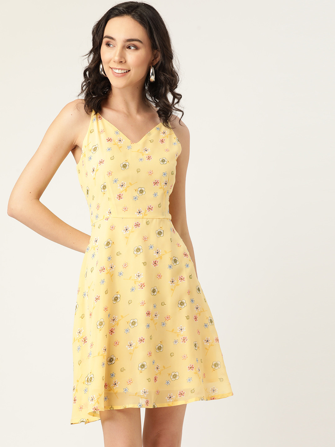 DODO & MOA Yellow Floral Crepe A-Line Dress