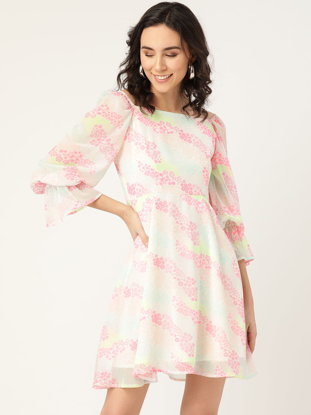 DODO & MOA White & Pink Floral Georgette A-Line Dress