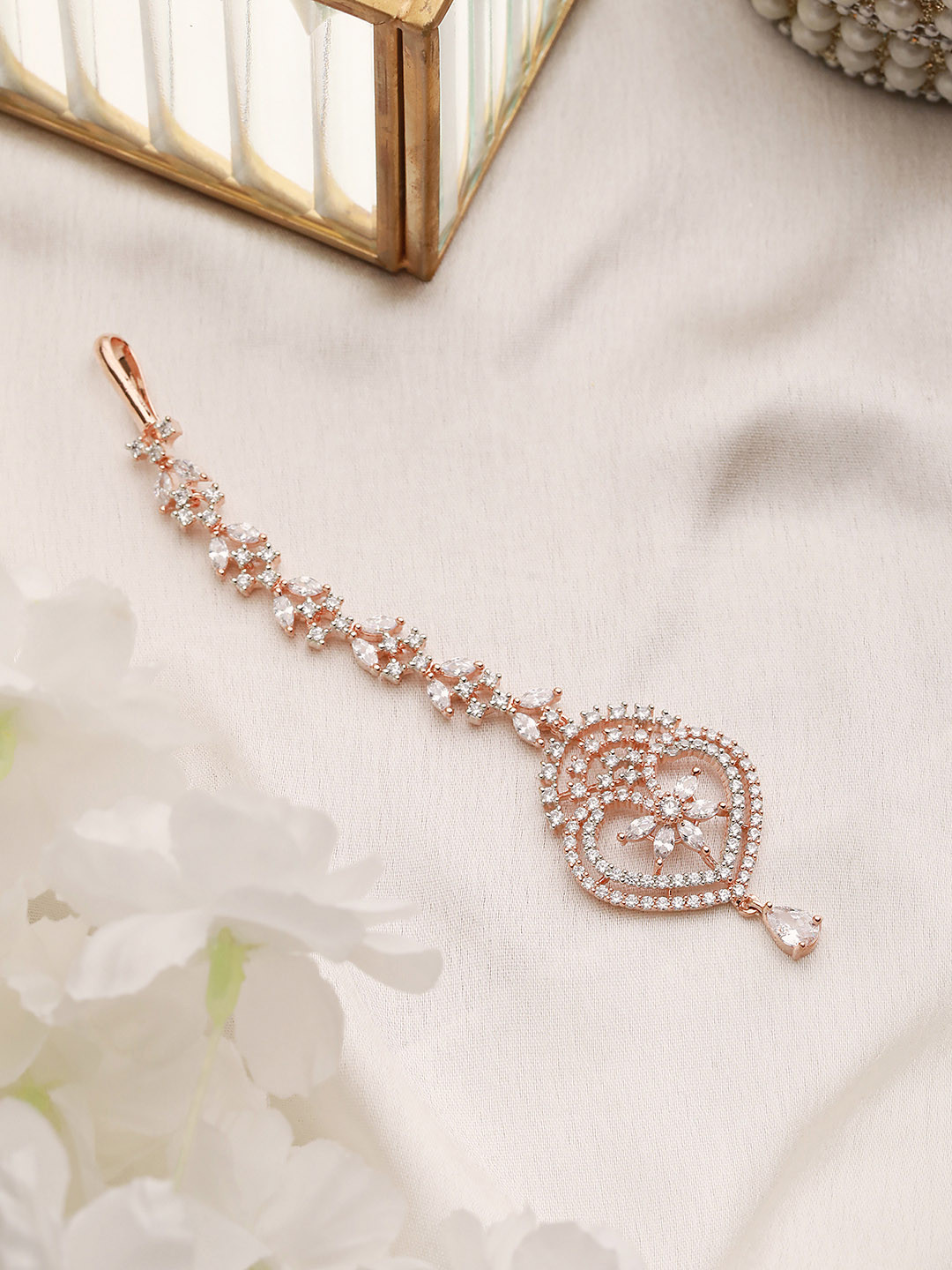 Saraf RS Jewellery Rose Gold-Plated White AD & CZ-Studded Heart-Shaped Maang Tikka