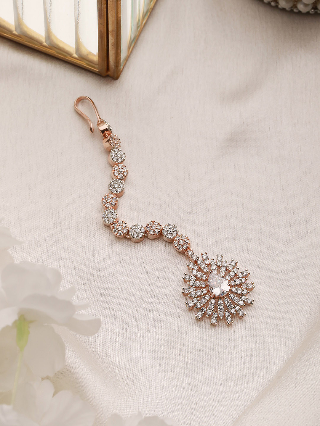Saraf RS Jewellery Rose Gold-Plated White CZ & AD-Studded Handcrafted Maang Tikka