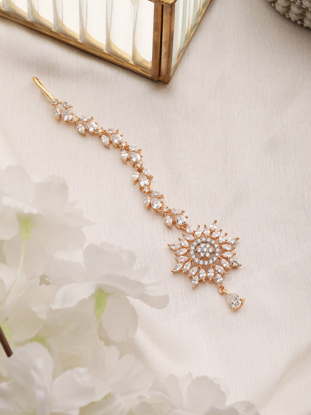 Saraf RS Jewellery Gold-Plated White AD & CZ-Studded Handcrafted Jadau Maang Tikka