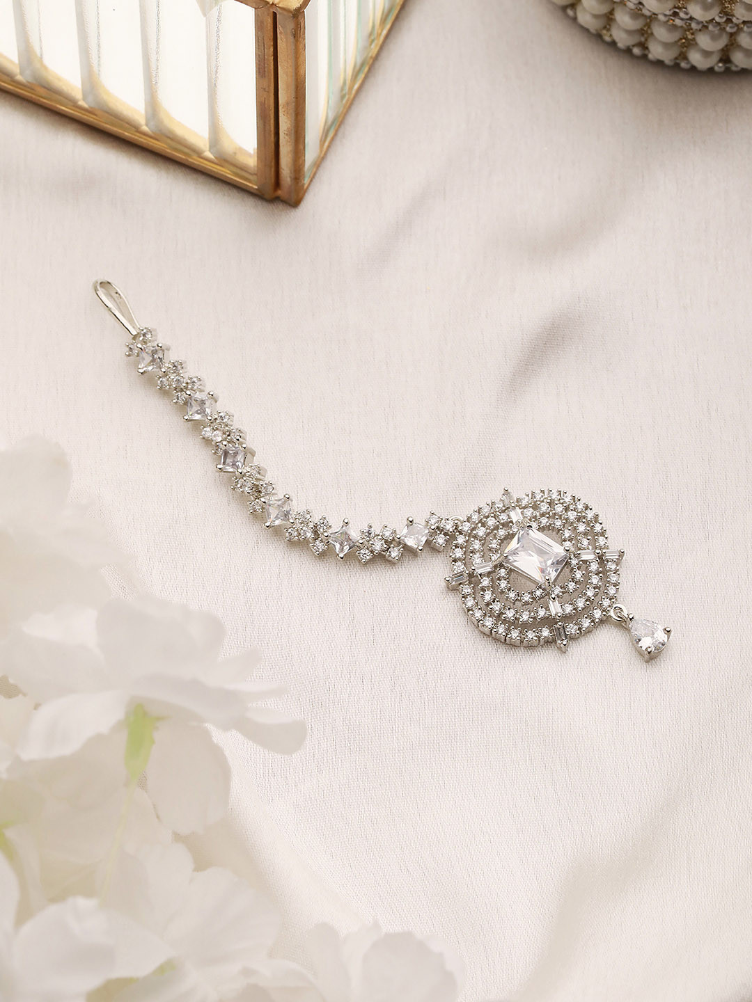 Saraf RS Jewellery Silver-Plated White AD-Studded Handcrafted Maang Tikka