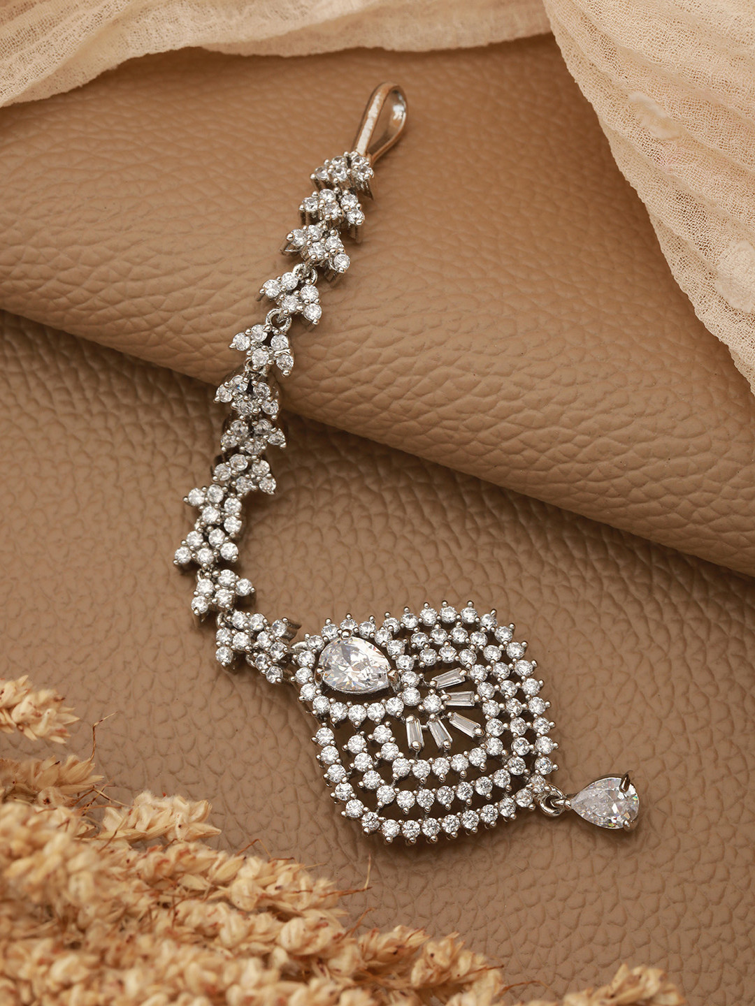 Saraf RS Jewellery Silver-Plated White AD & CZ-Studded Handcrafted Jadau Maang Tikka