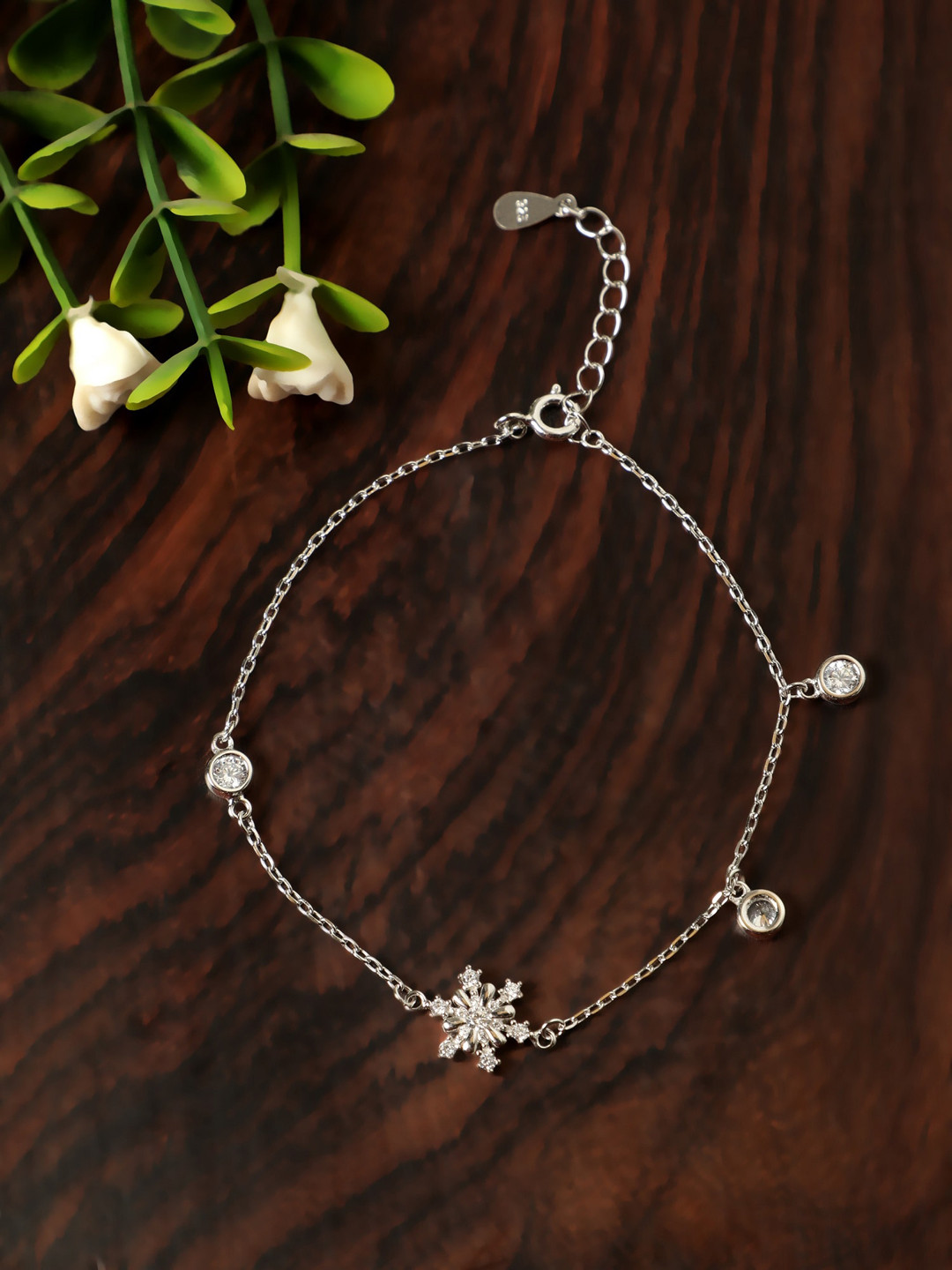 GIVA 925 Sterling Silver Rhodium-Plated Silver-Toned White Stone-Studded Anklet