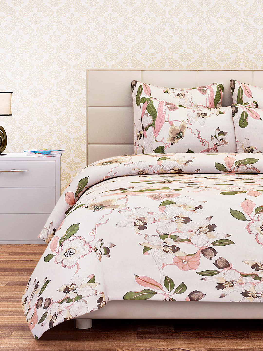 SEJ by Nisha Gupta Lifestyle Cream Floral Cotton 180 TC King Fine Bedsheet with 2 Pillow Covers-87 x 98 inches