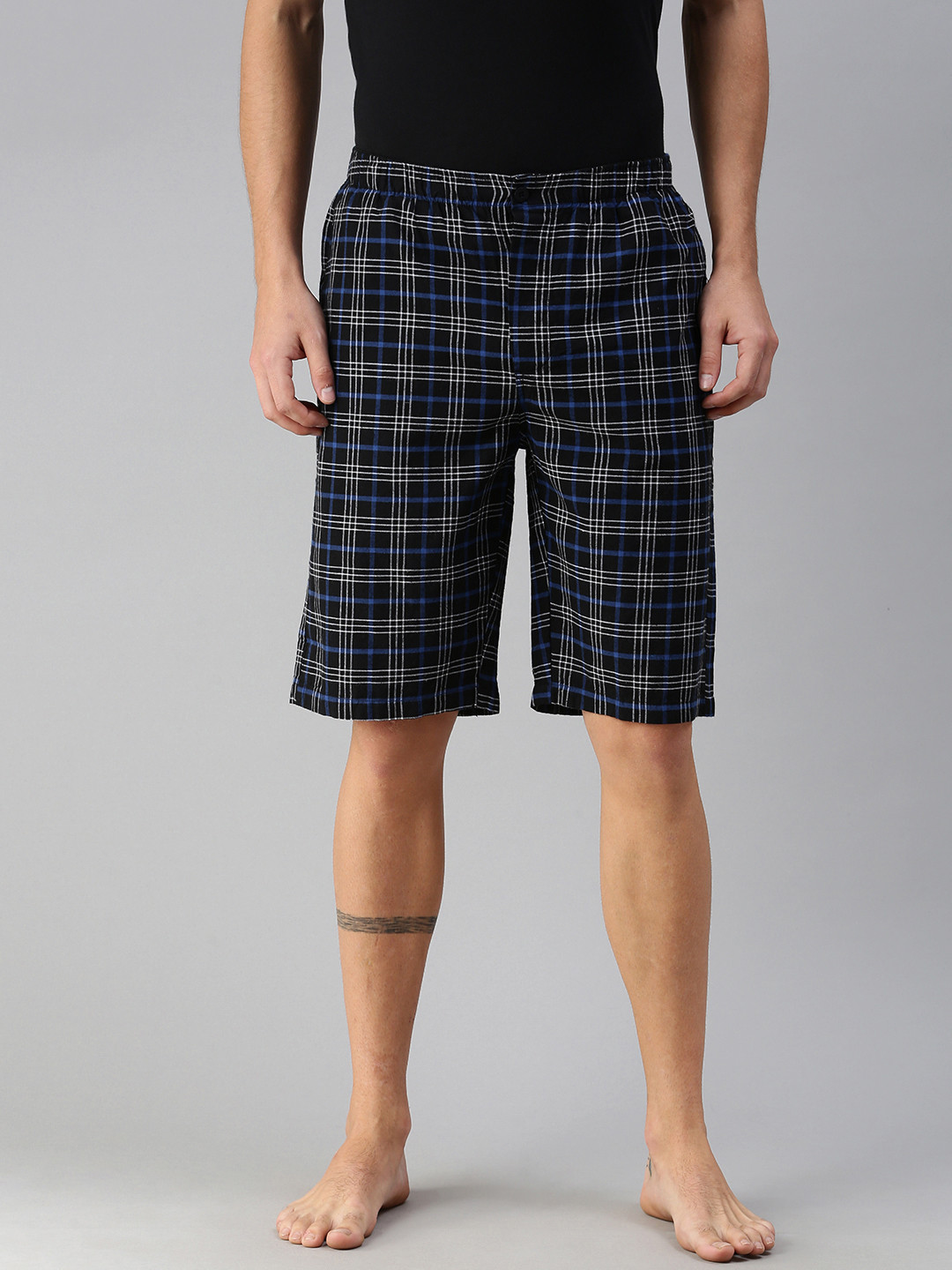 U S Polo Assn Men Black & Navy Blue Checked Lounge Shorts