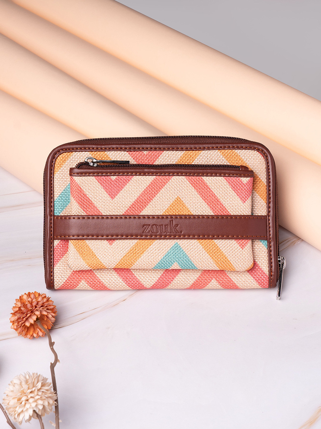 ZOUK Women Cream-Coloured & Pink Printed Vegan Leather Zip Around Zipper Wallet