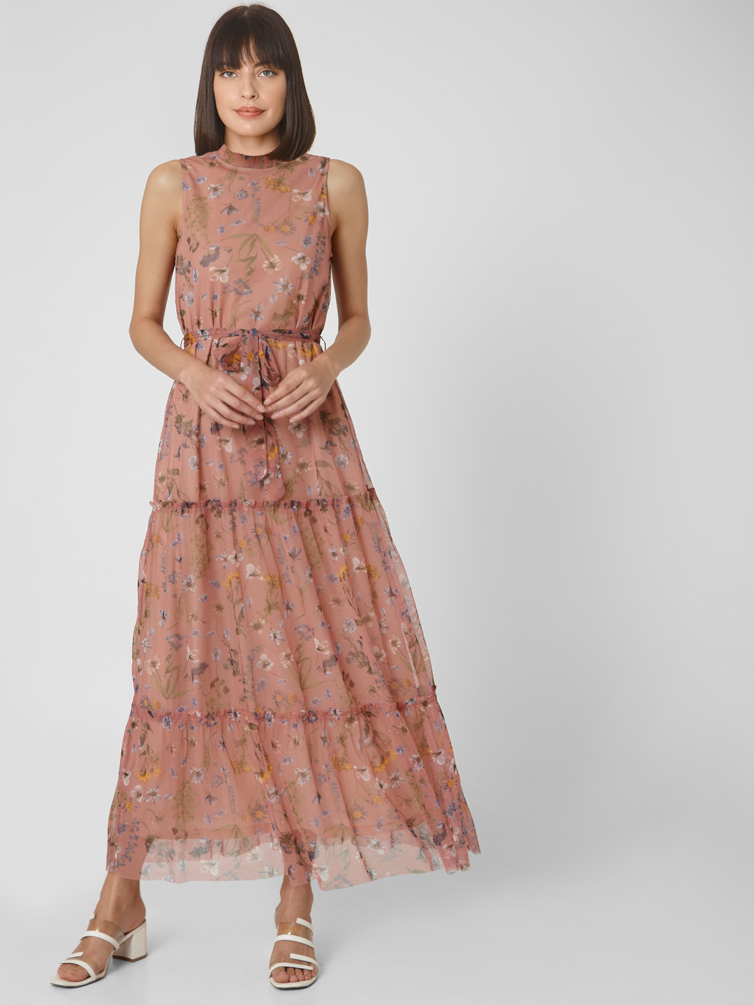 Vero Moda Dusty Pink & Blue Floral Print Tiered Maxi Dress