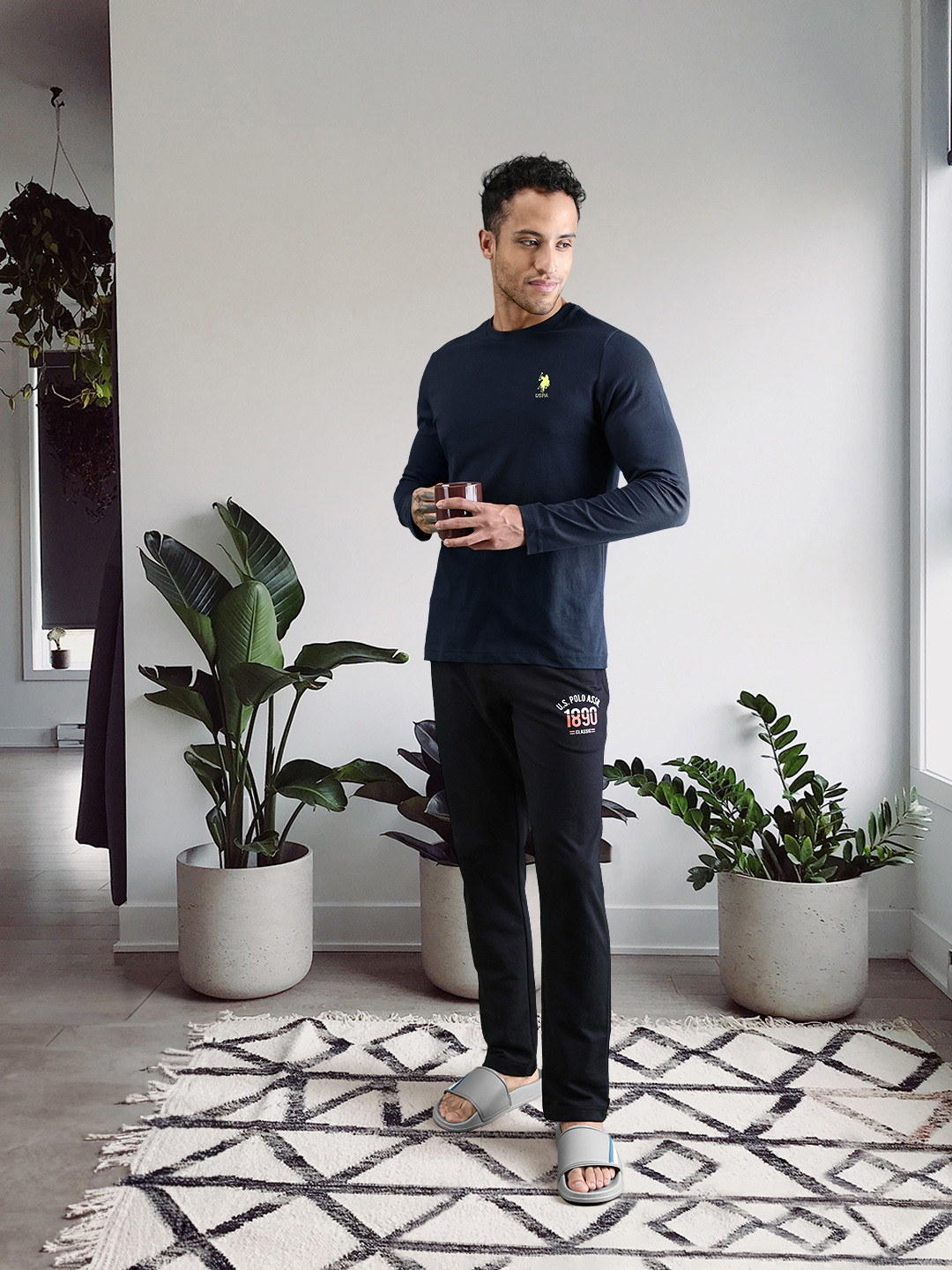 U.S. Polo Assn. Men Navy Blue Solid Pure Cotton Round Neck Lounge T-shirt