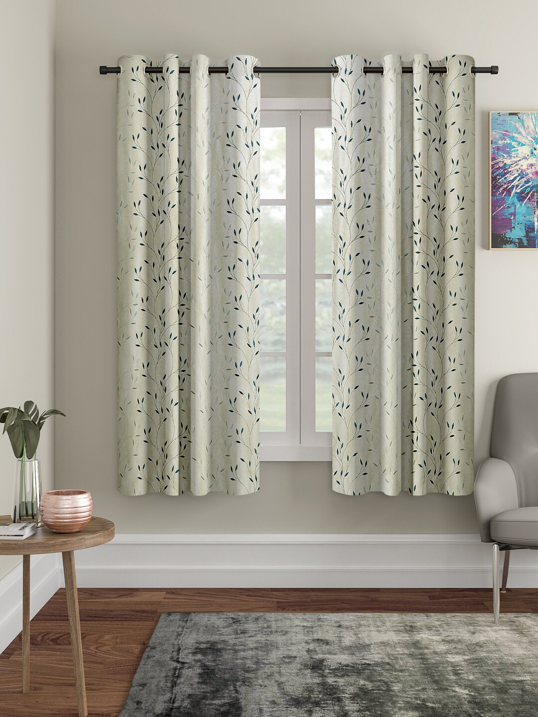 Cortina White & Cream-Coloured Set of 2 Floral Window Curtains
