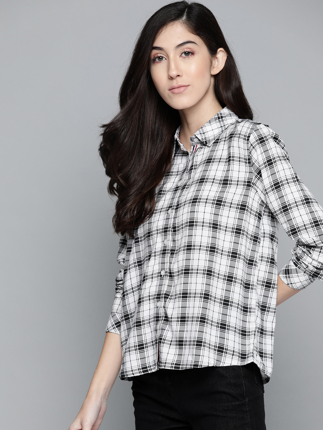 Harvard Women Black & White Tartan Checked Casual Shirt