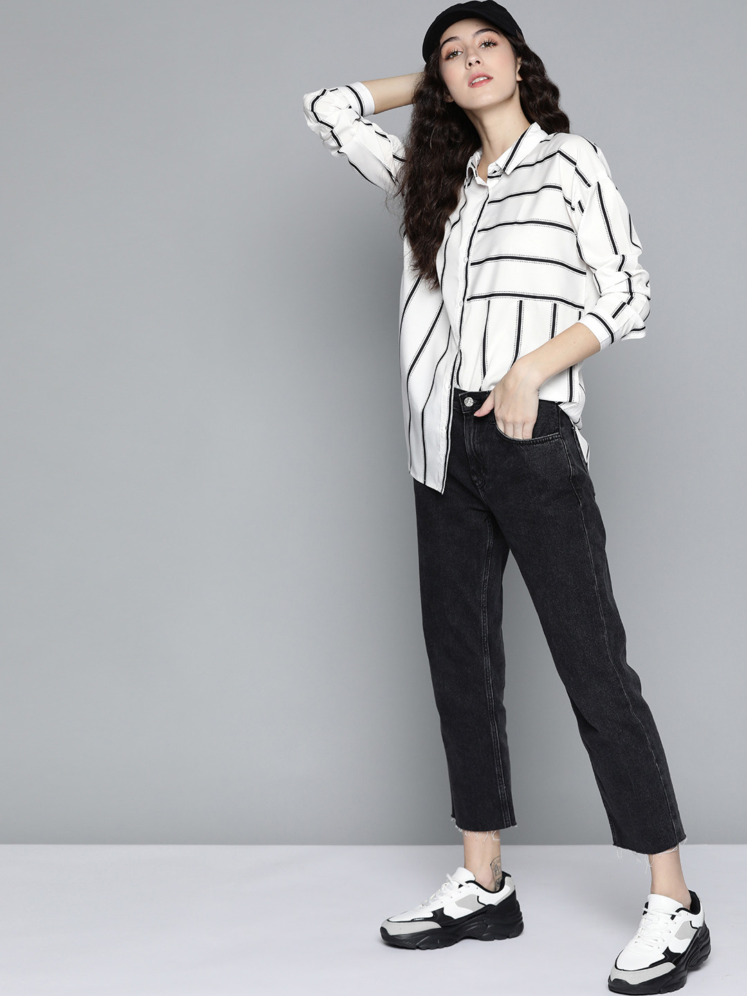 Harvard Women White & Black Multi Stripes Casual Shirt