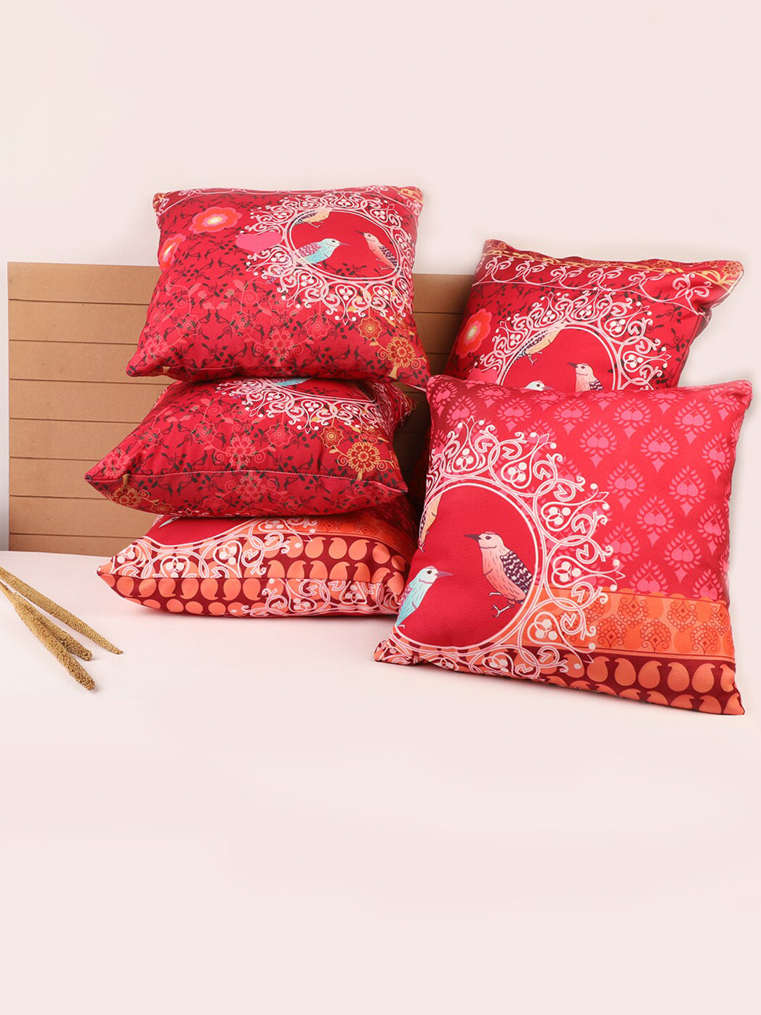 STITCHNEST Multicoloured Ethnic Motifs Cotton 5 Piece Square Cushion Covers -16x16In