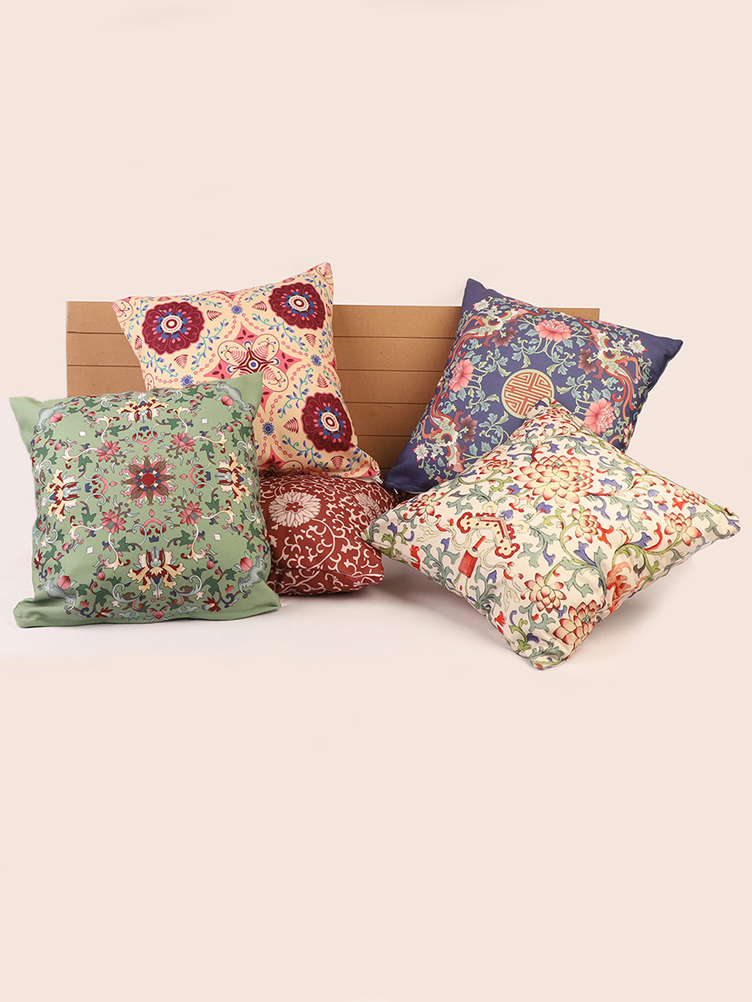 STITCHNEST Multicoloured Floral Polyester Silk Washable 5 Pcs Cushion Covers -16x16In