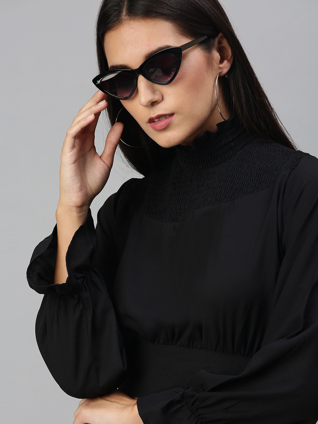 KASSUALLY Inky Black Solid Smocked Crop Top