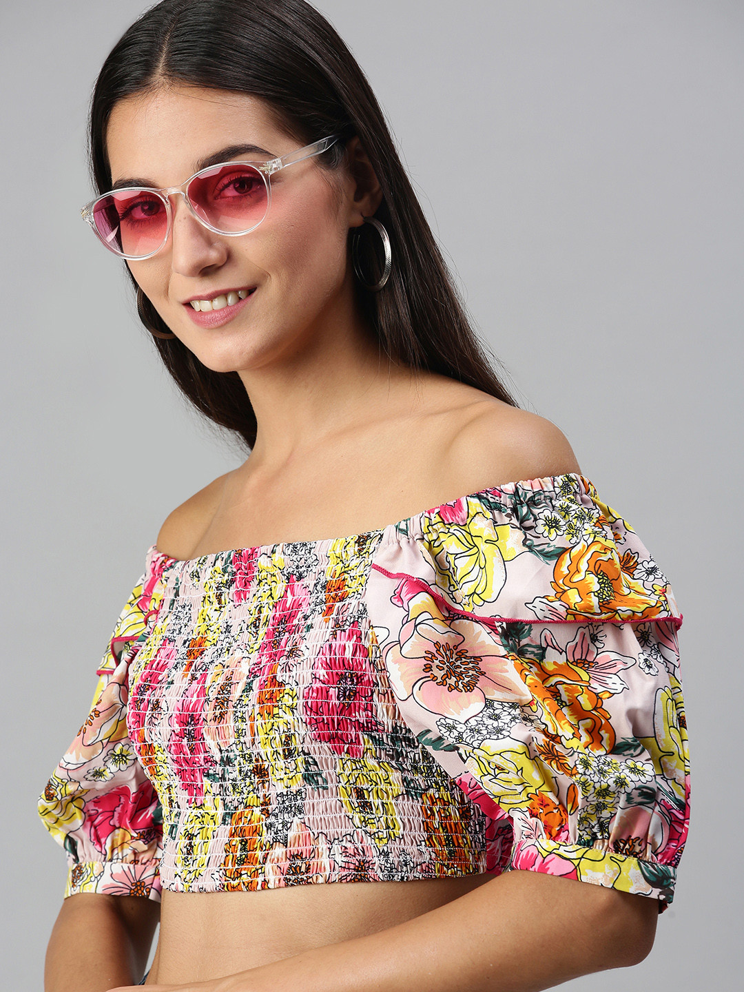 KASSUALLY Multi-Color Floral Print Smocked Crop Top