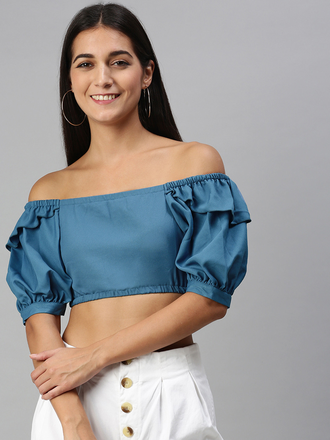 KASSUALLY Blue Solid Smocked Crop Top