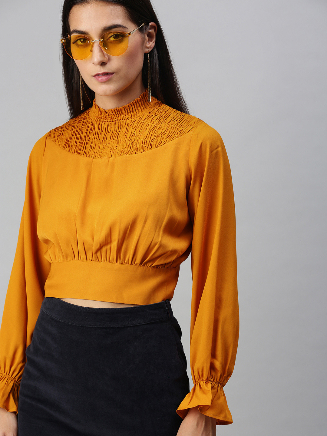 KASSUALLY Graceful Mustard Solid Smocked Crop Top