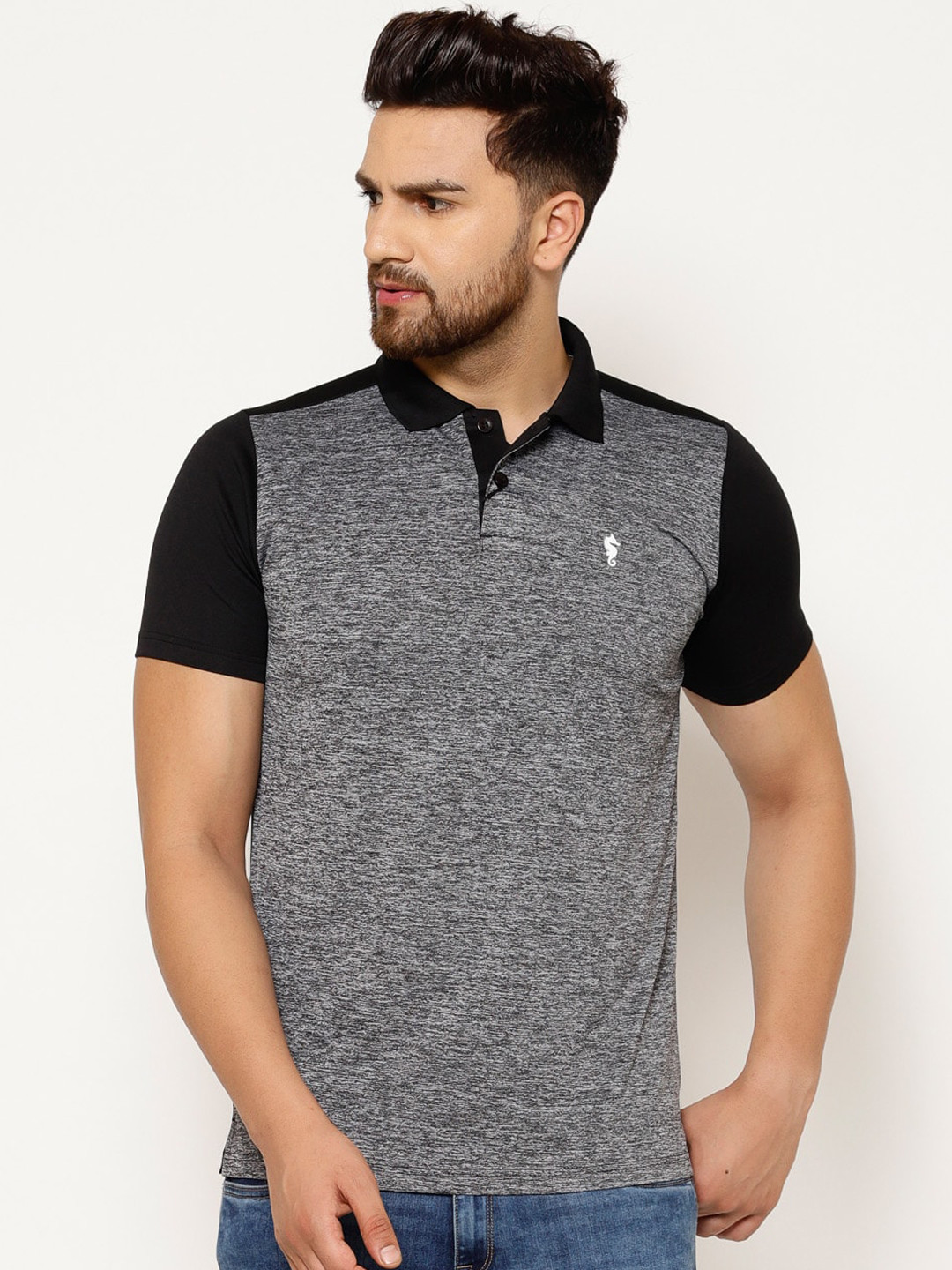EPPE Men Grey Melange & Black Grindle Effect Polo Collar Training T-shirt