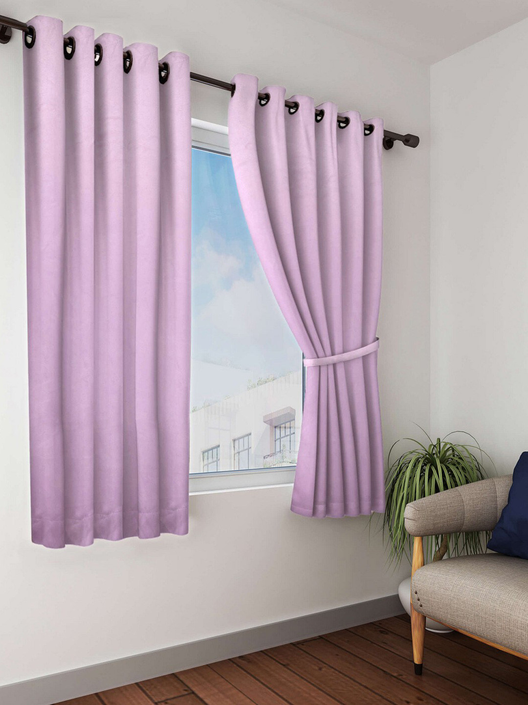 BIANCA Purple Set of 2 Solid Black Out Window Curtains