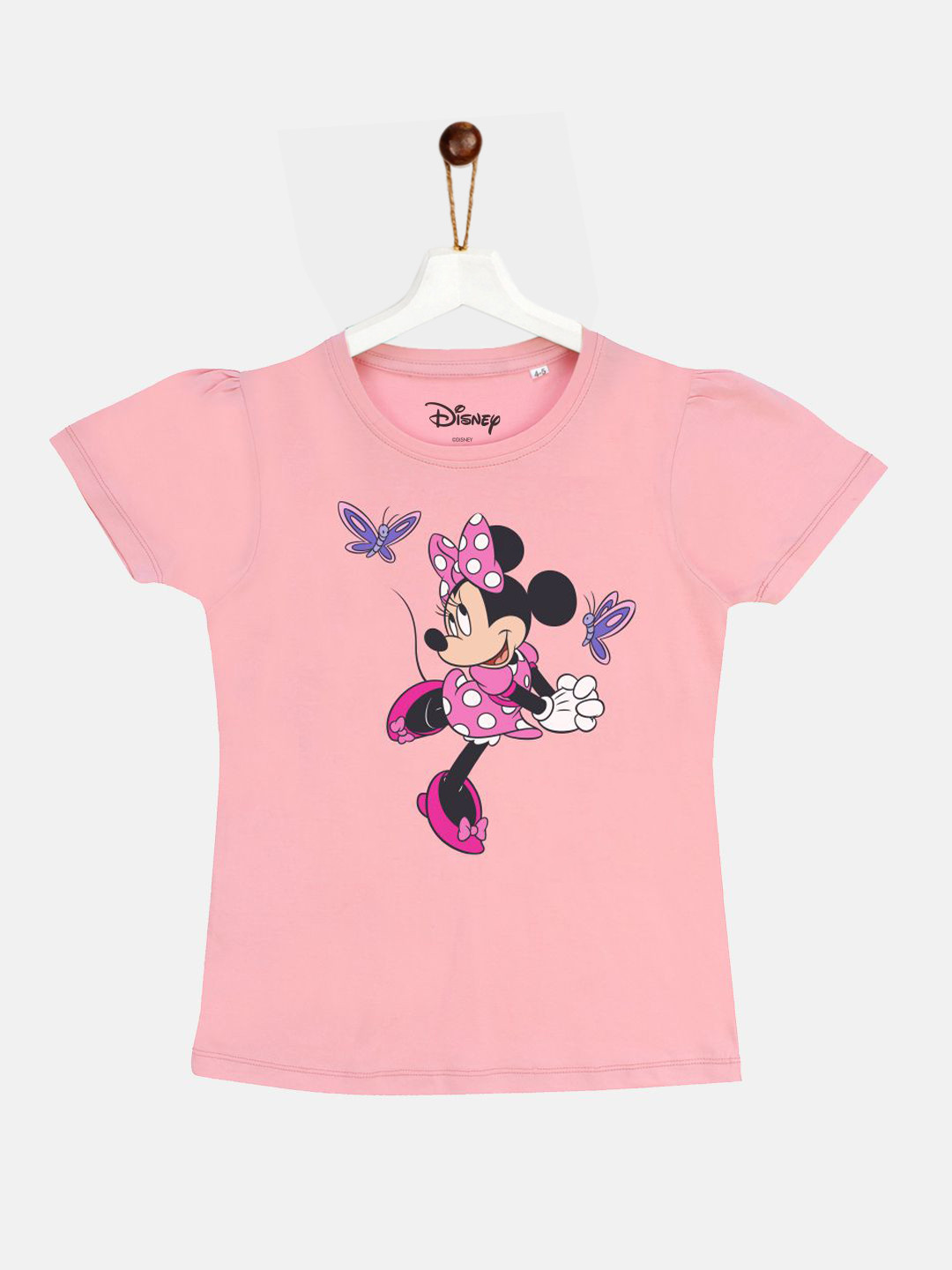 YK Disney Girls Pink Cotton Minnie Mouse Print Round Neck T-shirt