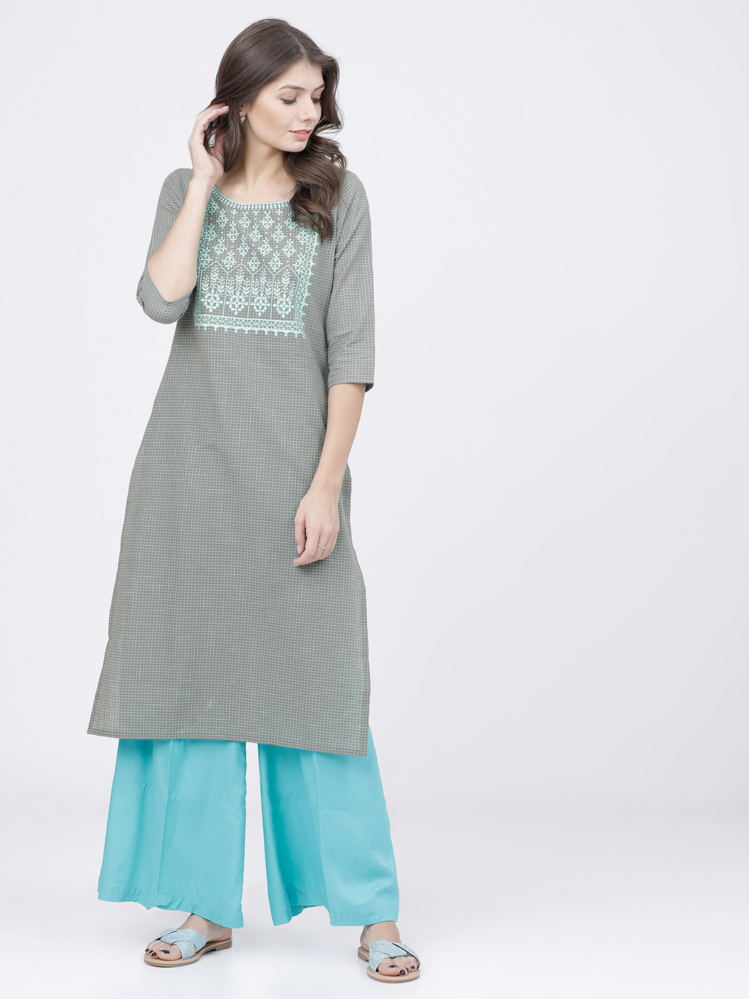 Vishudh Women Grey Ethnic Motifs Yoke Design Cotton Thread Work Kurta