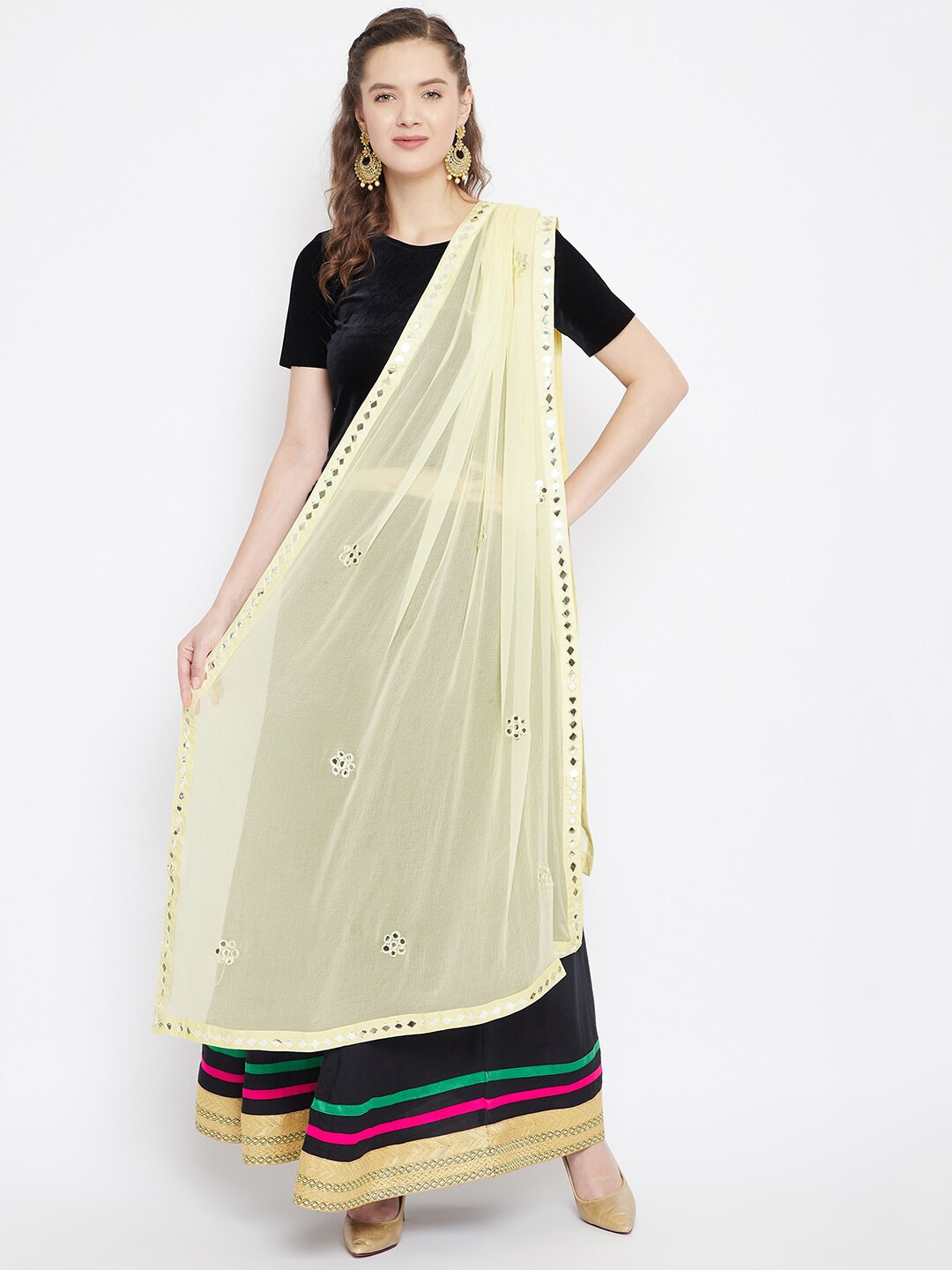 Clora Creation Cream-Coloured & Silver-Toned Mirror Work Dupatta