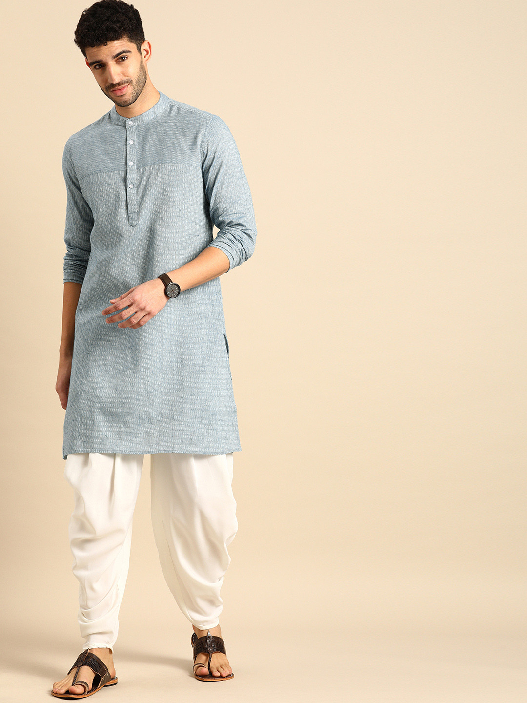 Anouk Men Blue & White Self-Design  Cotton Kurta with Patiala