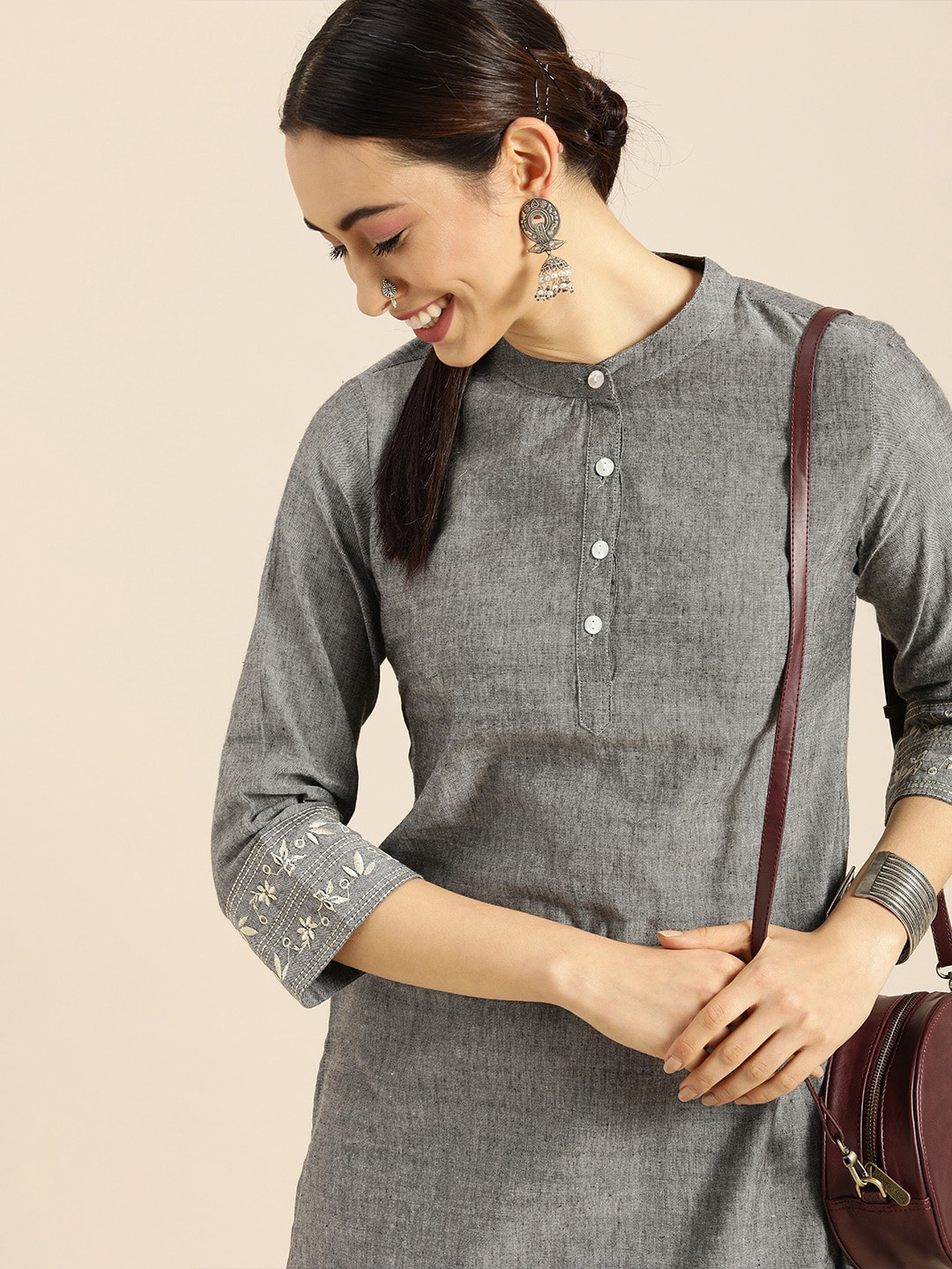 Anouk Women Grey Thread Work Kurta