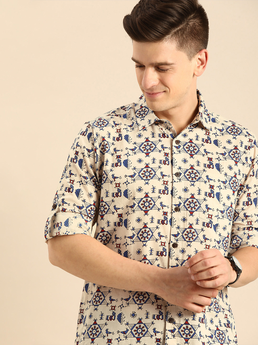 Anouk Men Off White Aztec Print  Cotton Casual Shirt