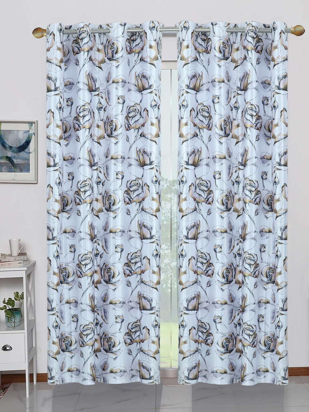 BELLA TRUE White & Grey Set of 2 Floral Printed Door Curtains