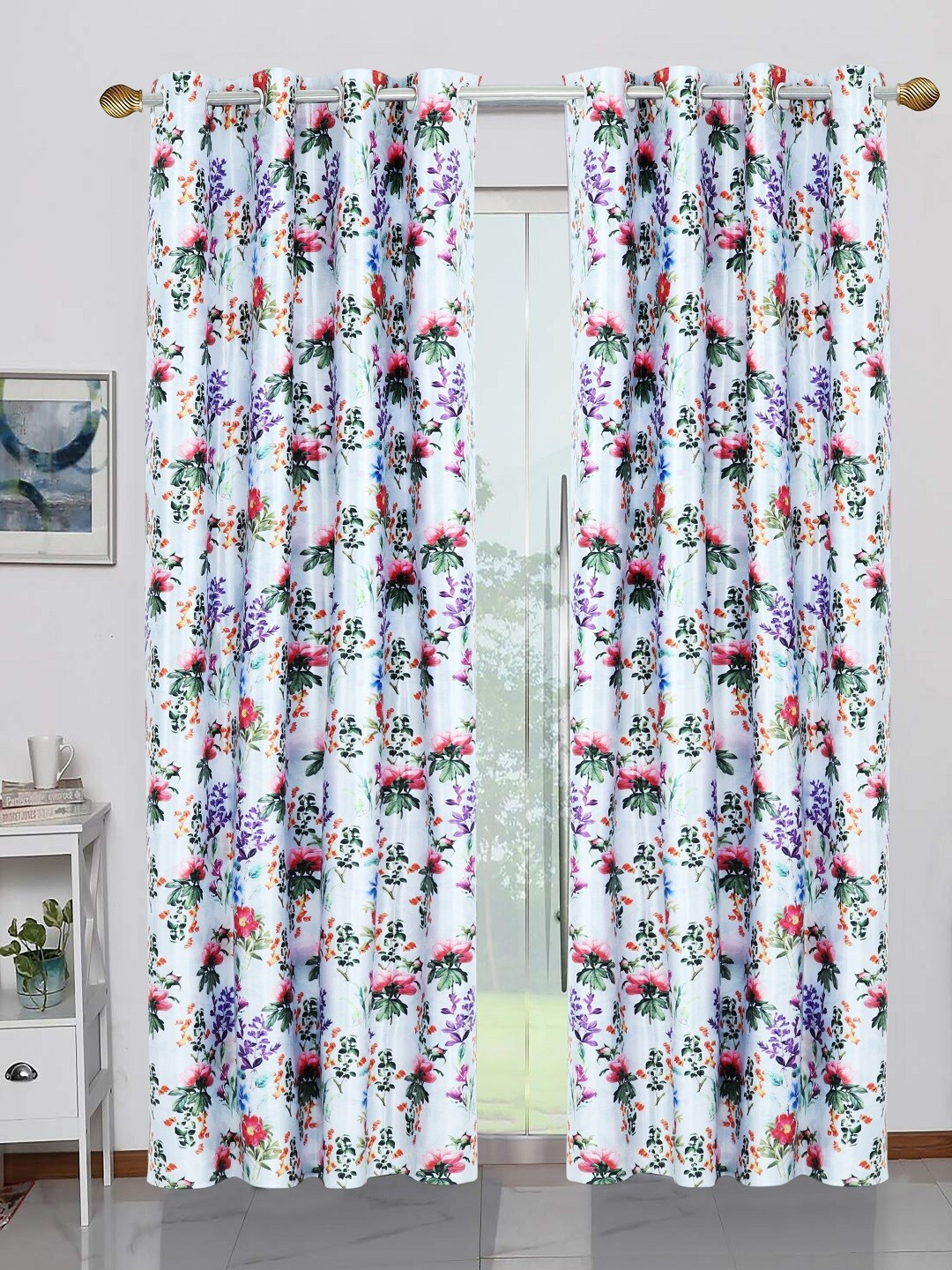 BELLA TRUE Sea Green & Purple Set of 2 Floral Printed Door Curtains