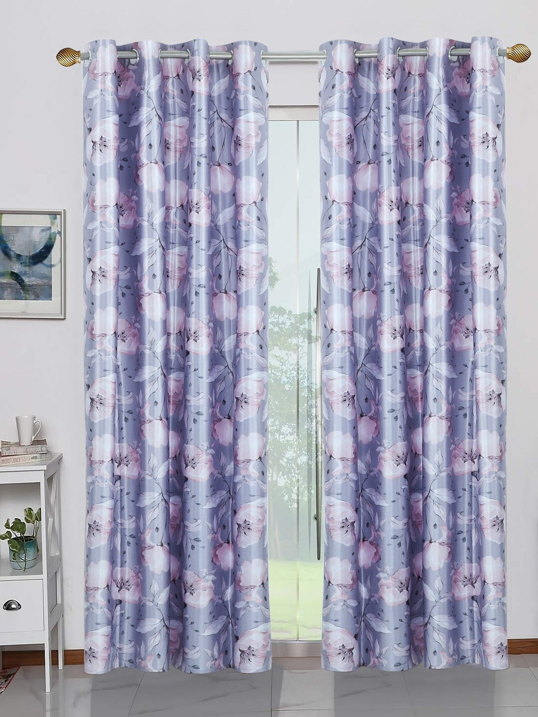 BELLA TRUE Grey & Pink Set of 2 Door Curtains