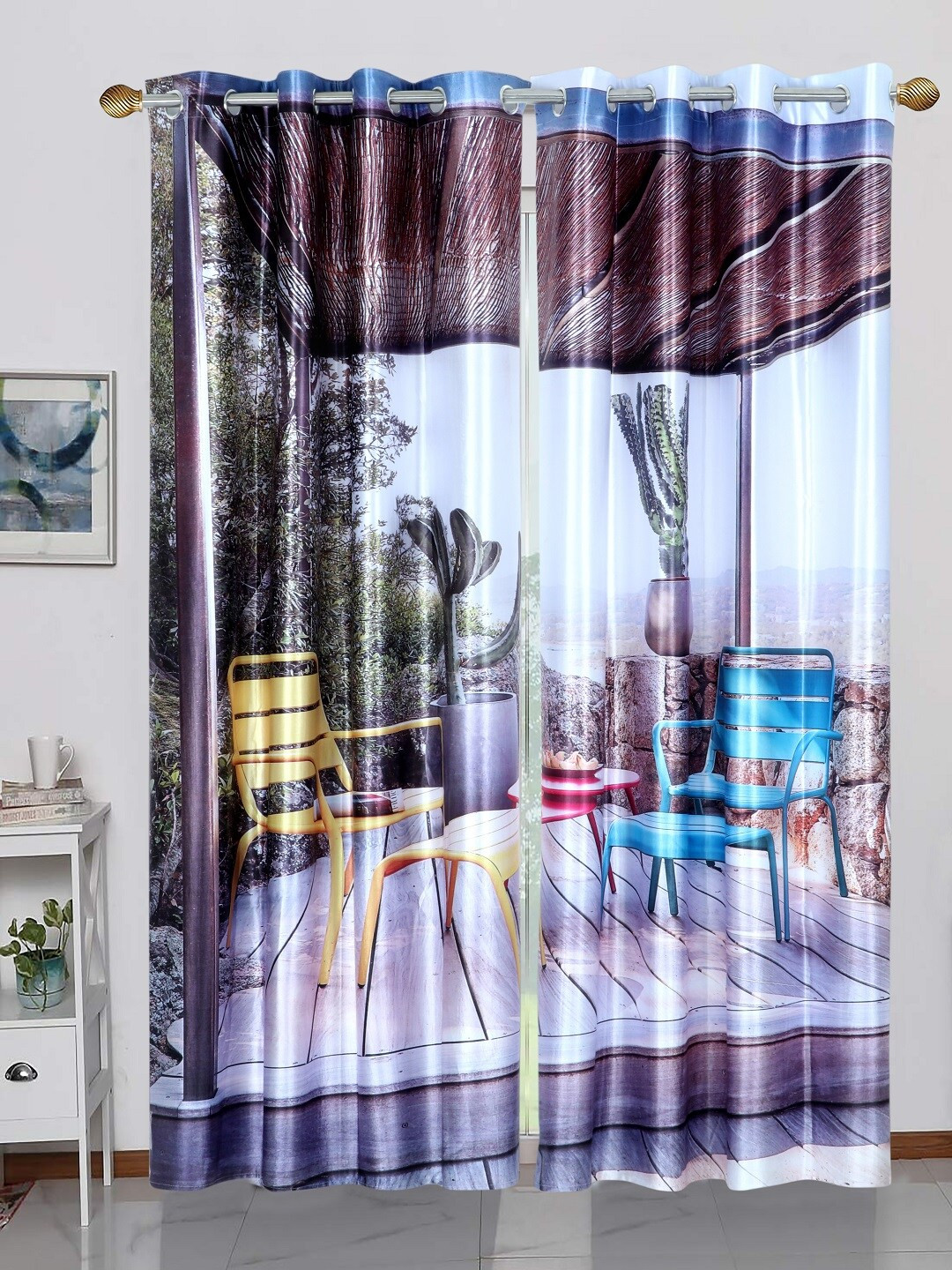 BELLA TRUE Brown & Blue Set of 2 Door Curtains