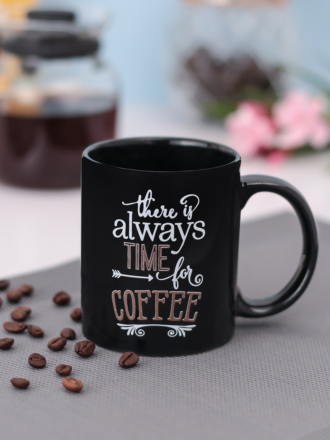 CLAY CRAFT Sunshine & Happy Black Typography Ceramic Handmade 2 Piece Mugs-350ml