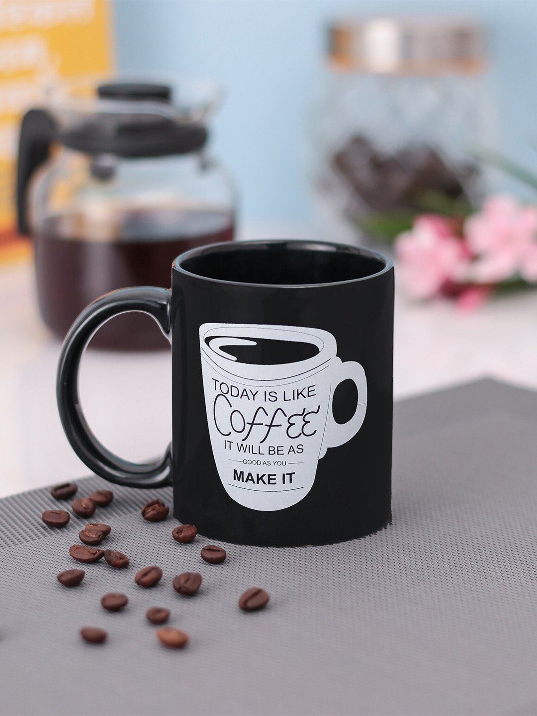 CLAY CRAFT Beer Black Typography Ceramic Handmade 2 Piece Mugs-350ml