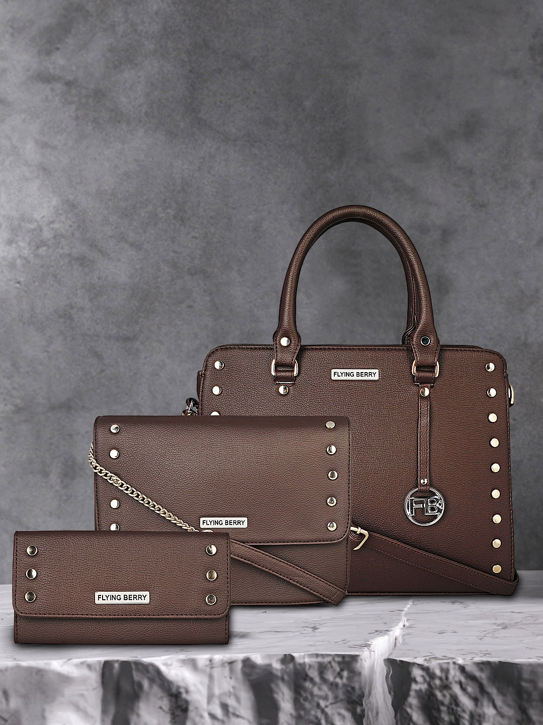 FLYING BERRY Set of 3 Brown Solid Handbags Combo