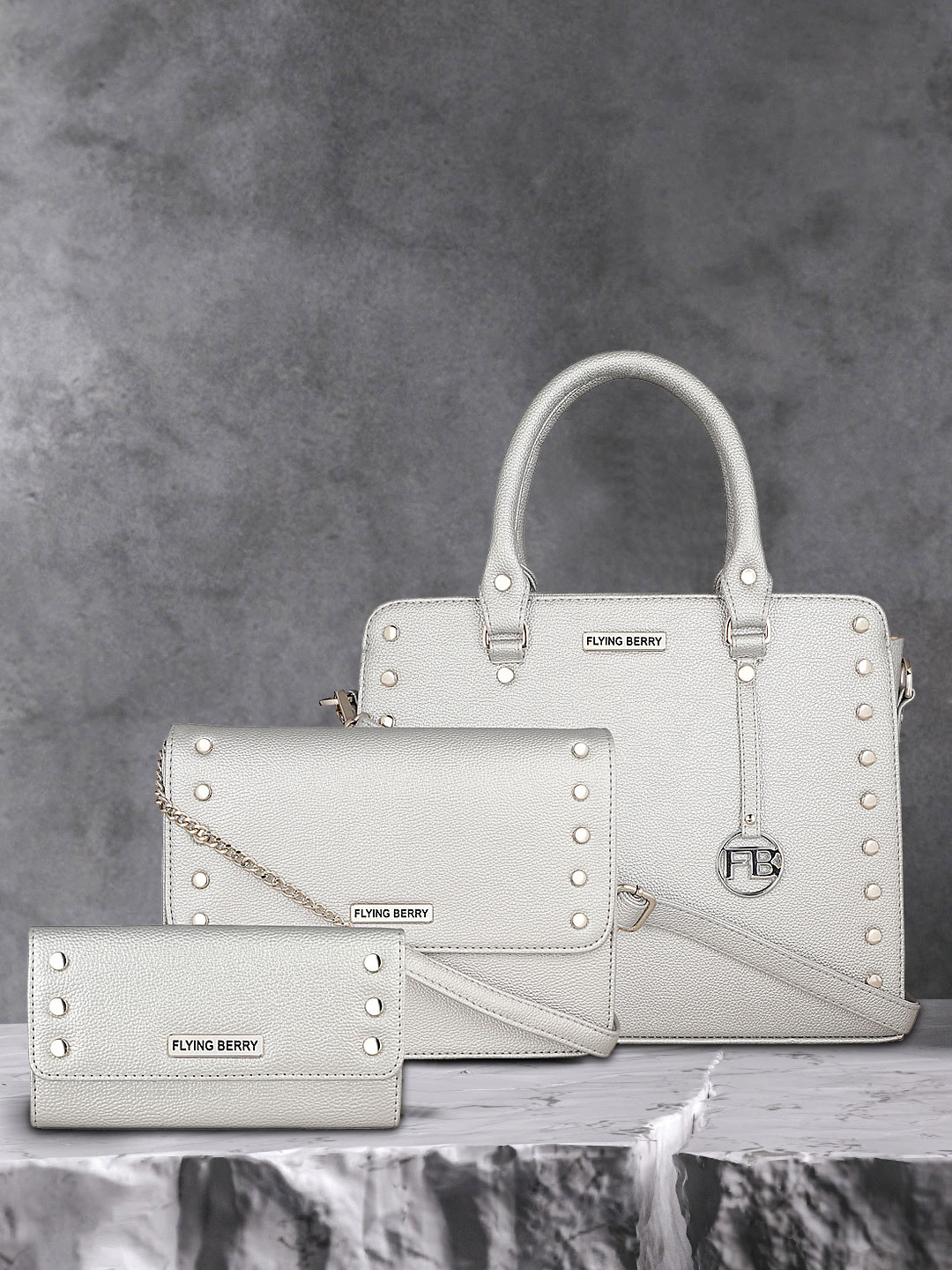 FLYING BERRY Set of 3 Silver-Toned Solid Handbags Combo