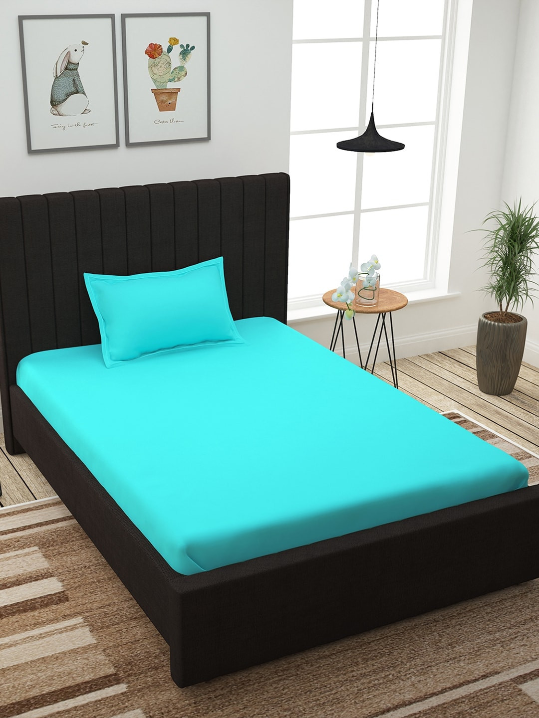 Story@home Turquoise Blue Pure Cotton 300 TC Single Fine Bedsheet with a Pillow Cover-87 x 93 inches