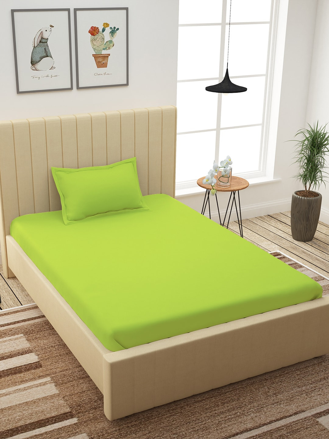 Story@home Green Solid Pure Cotton 300 TC Single Fine Bedsheet with a Pillow Cover-225 x 155 cm