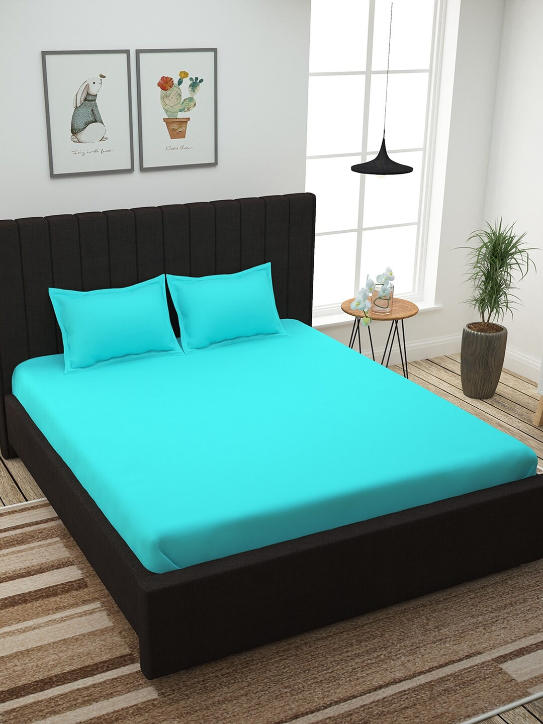 Story@home Blue Cotton 300 TC King Fine Bedsheet with 2 Pillow Covers-106 x 106 inches
