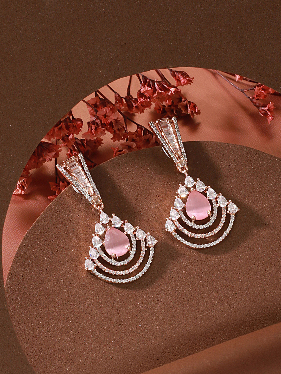 Saraf RS Jewellery Pink & Rose Gold-Plated Triangular Drop Earrings