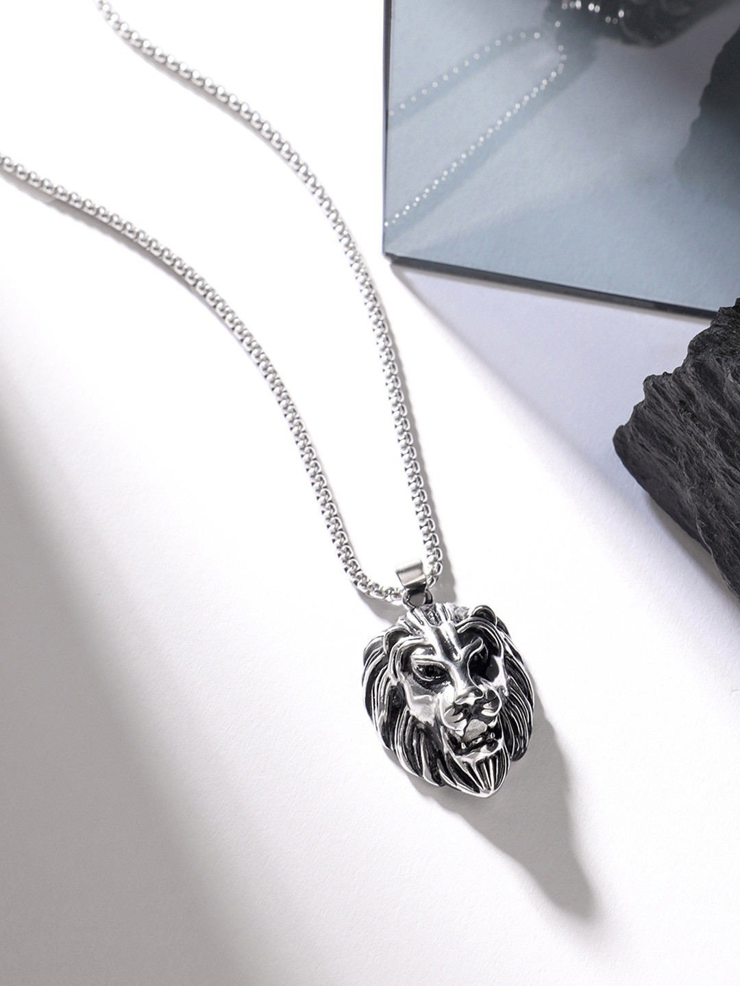 Yellow Chimes Silver-Toned Rhodium-Plated Lion Head-Shaped Pendant With Chain