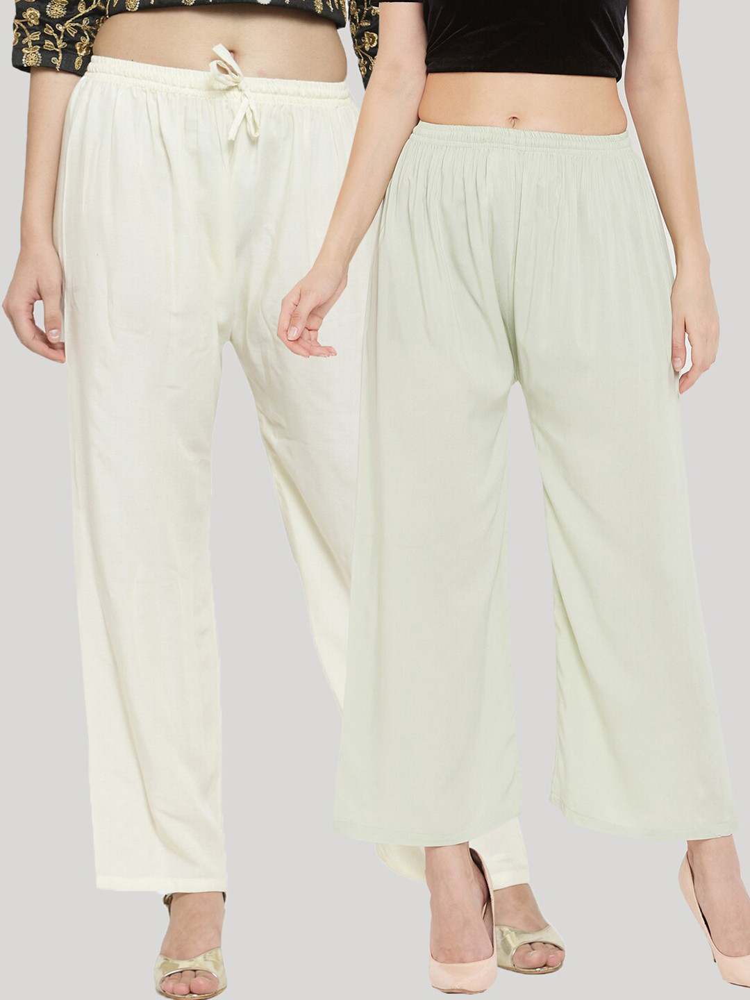 Clora Creation Women Multi Solid Pack of 2 Cream & Pista Green Rayon Palazzo