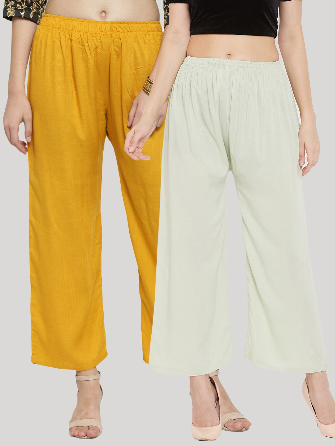 Clora Creation Women Multi Solid Pack of 2  Mustard & Pista Green Rayon Palazzo